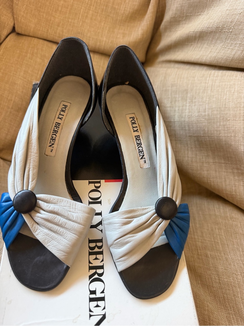 Rare Vintage Polly Bergen Italy Colorblock Leather Peep Toe Heels 5.5B
